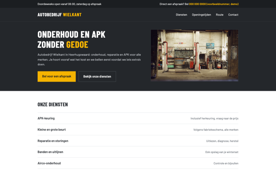 Schermafbeelding van de voorbeeldsite Autobedrijf Wielkant