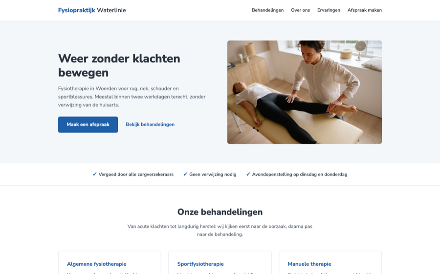 Schermafbeelding van de voorbeeldsite Fysiopraktijk Waterlinie