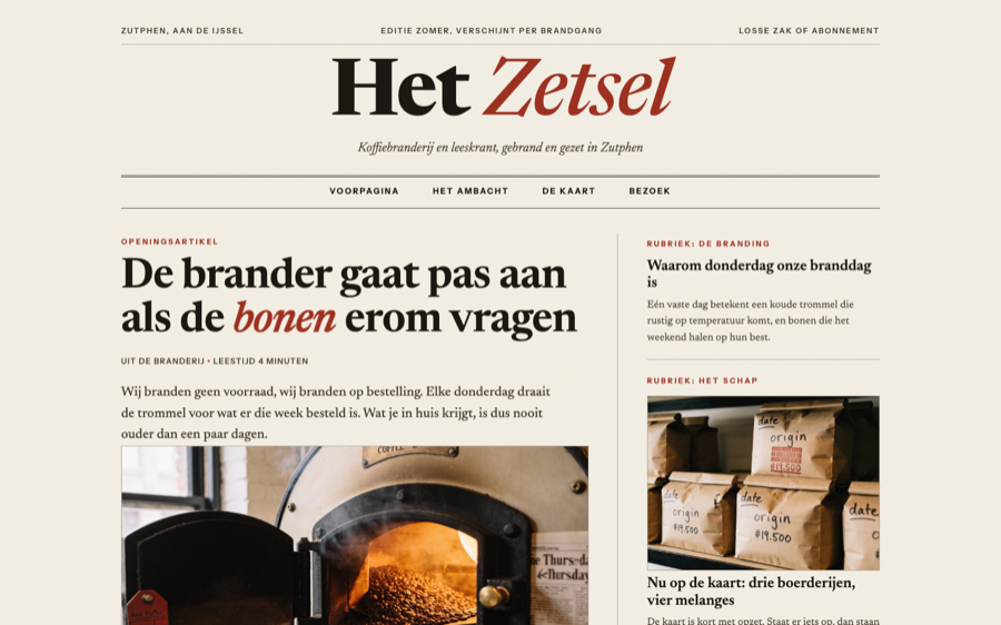 Schermafbeelding van de voorbeeldsite Koffiebranderij Het Zetsel